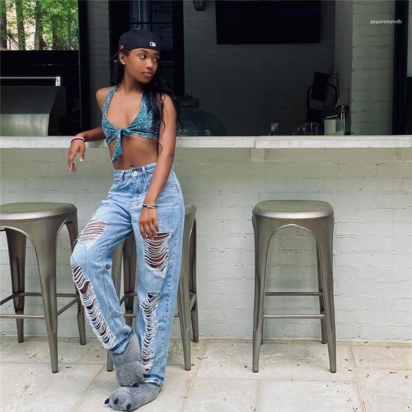 jeans fashion ripped hole panelled jeans natural color high waist casual jeans womens clothing womens straight, Blue